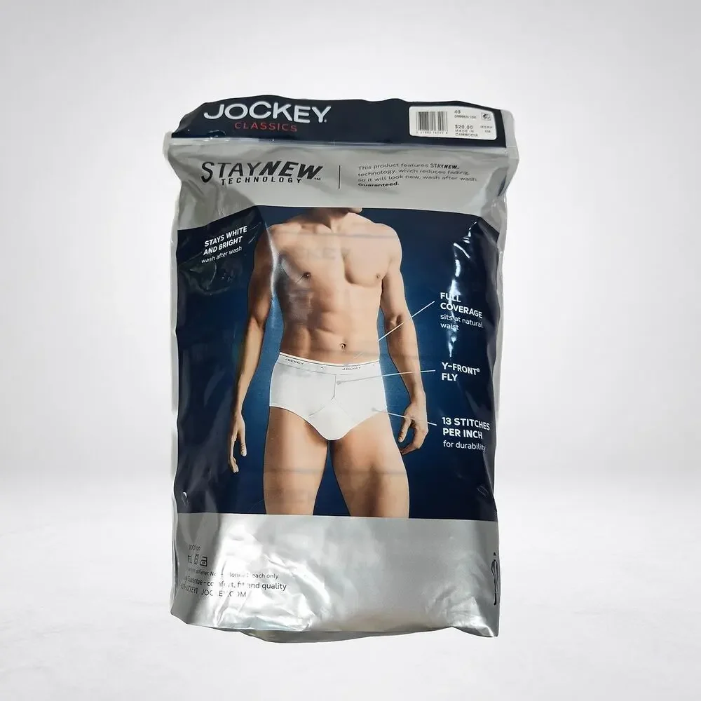 Jockey Classics Mens Full-Rise Briefs Size 40 4 Pack White 100% Cotton New